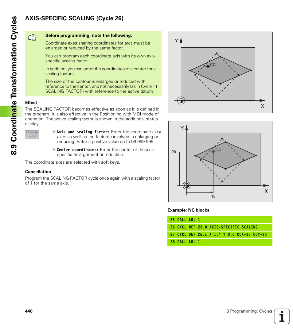 Axis-specific scaling (cycle 26), 9 coor di na te t ra n s for m a ti on cy cle s | HEIDENHAIN iTNC 530 (340 422) User Manual | Page 440 / 657