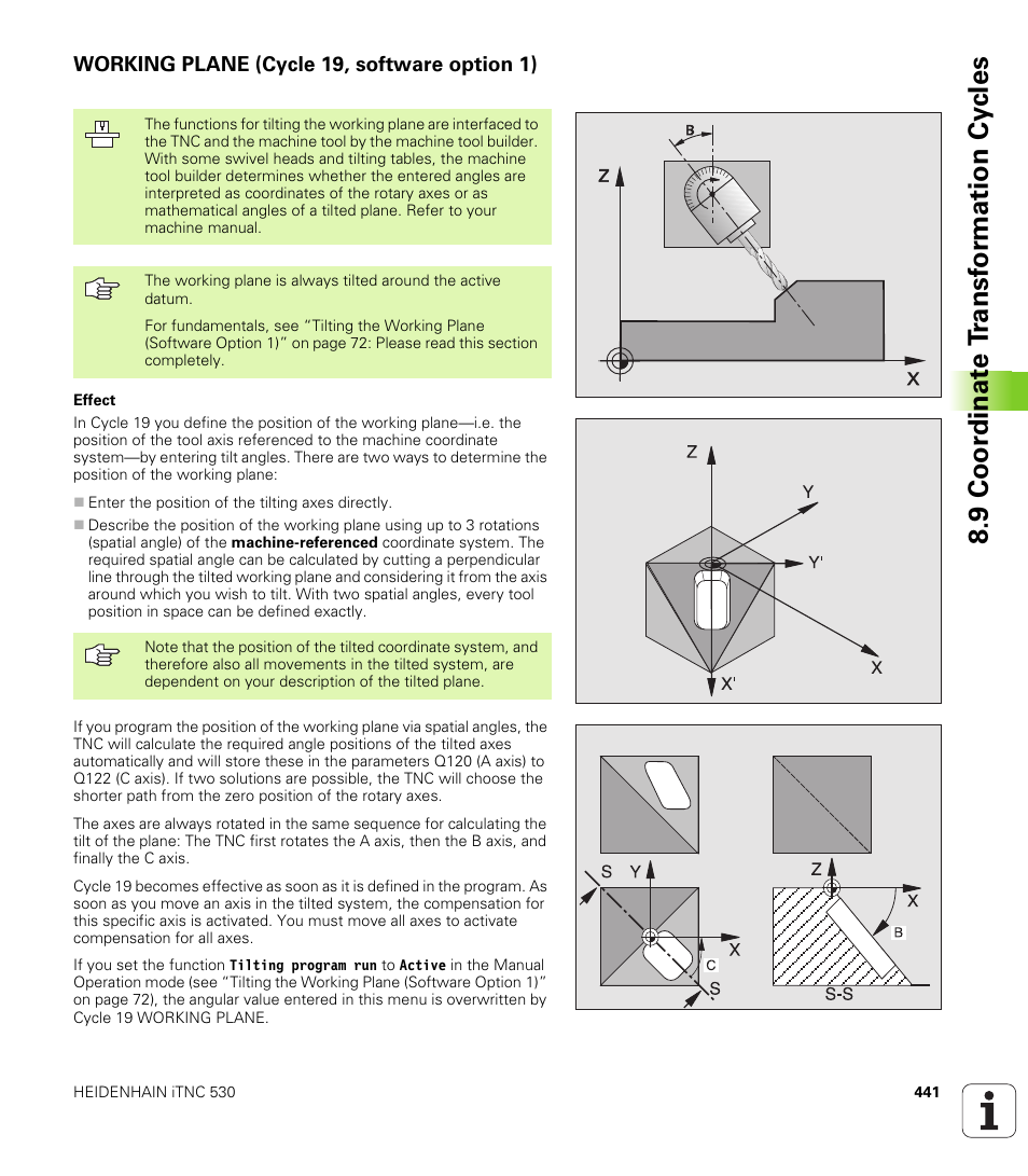 Working plane (cycle 19, software option 1), 9 coor di na te t ra n s for m a ti on cy cle s | HEIDENHAIN iTNC 530 (340 422) User Manual | Page 441 / 657