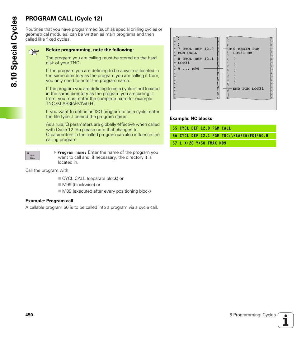 Program call (cycle 12), 1 0 special cy cles | HEIDENHAIN iTNC 530 (340 422) User Manual | Page 450 / 657