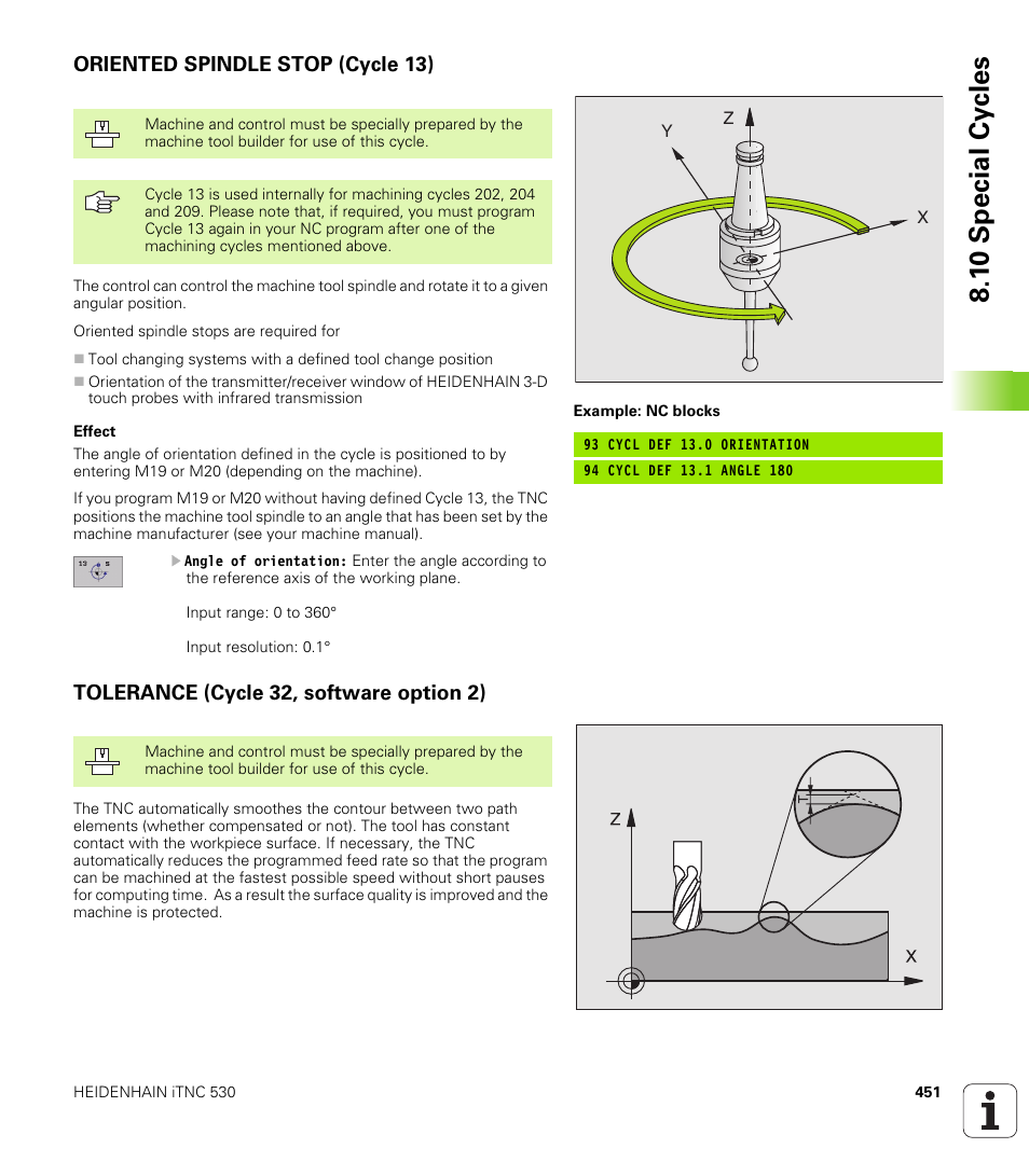 Oriented spindle stop (cycle 13), Tolerance (cycle 32, software option 2), 1 0 special cy cles | HEIDENHAIN iTNC 530 (340 422) User Manual | Page 451 / 657