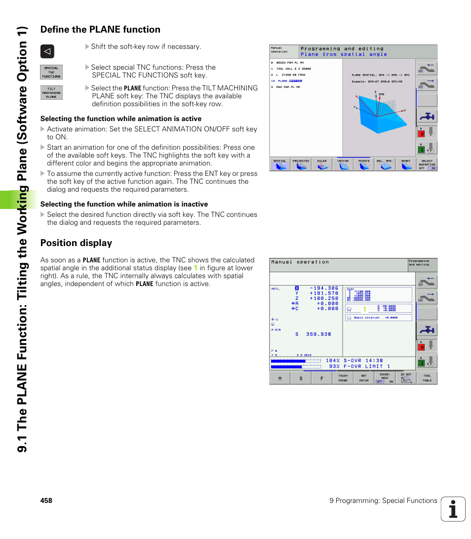 Define the plane function, Position display | HEIDENHAIN iTNC 530 (340 422) User Manual | Page 458 / 657
