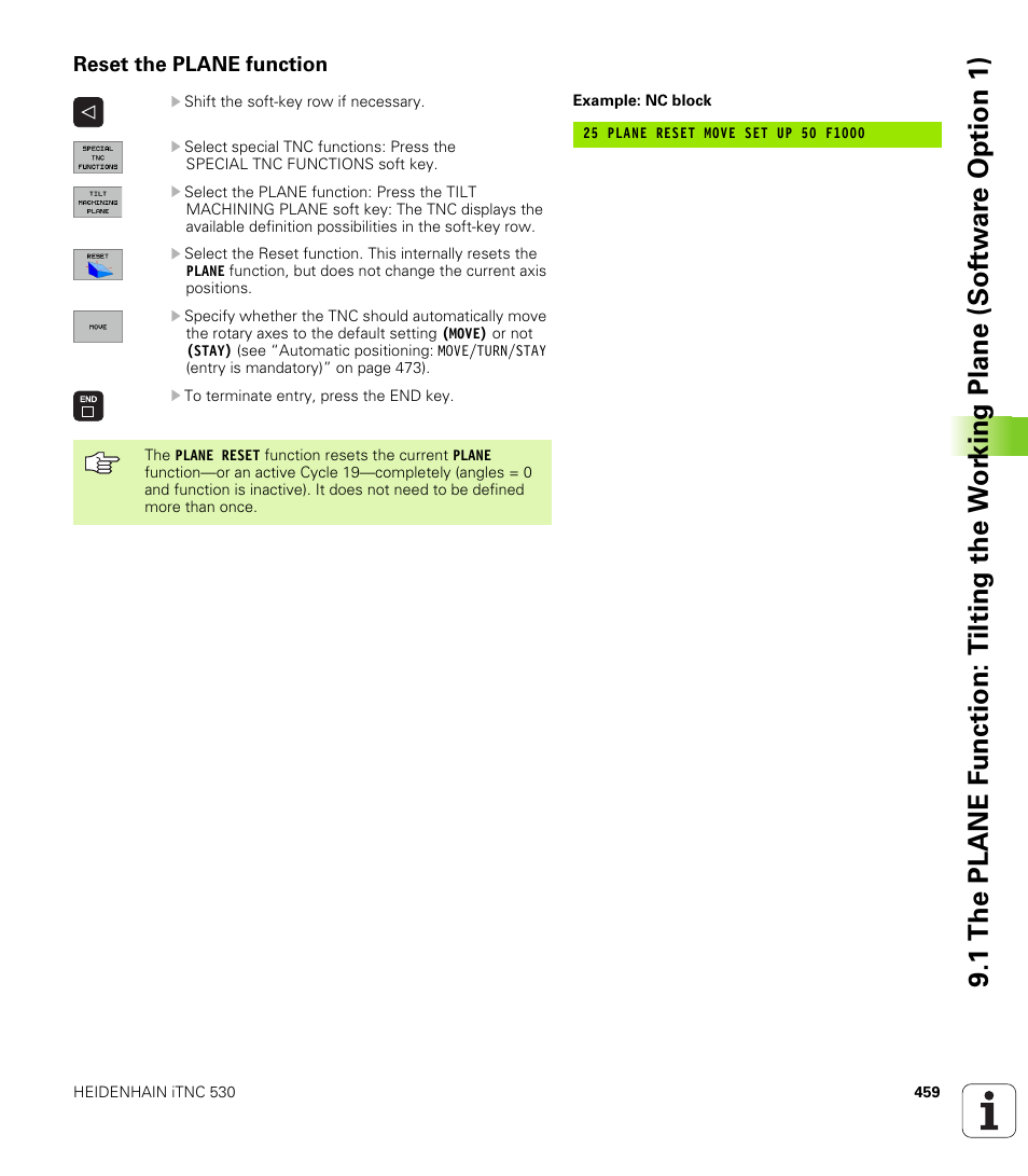 Reset the plane function, Reset | HEIDENHAIN iTNC 530 (340 422) User Manual | Page 459 / 657
