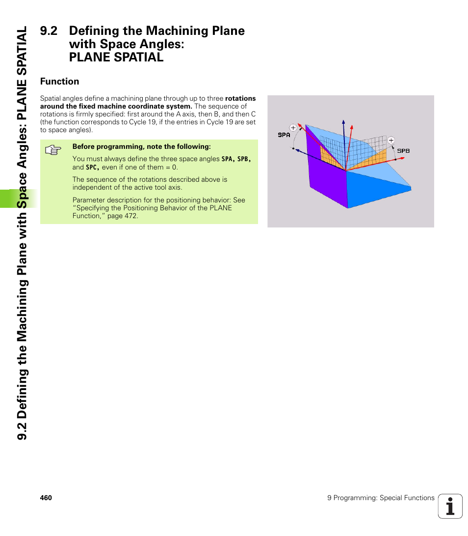Function, Spatial, Three space angles: spa, spb, and spc | HEIDENHAIN iTNC 530 (340 422) User Manual | Page 460 / 657