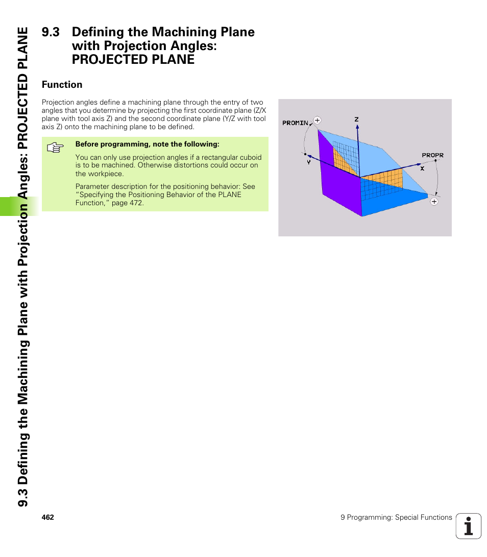 Function, Projected, Two projection angles: propr and promin | And a rotation angle rot | HEIDENHAIN iTNC 530 (340 422) User Manual | Page 462 / 657