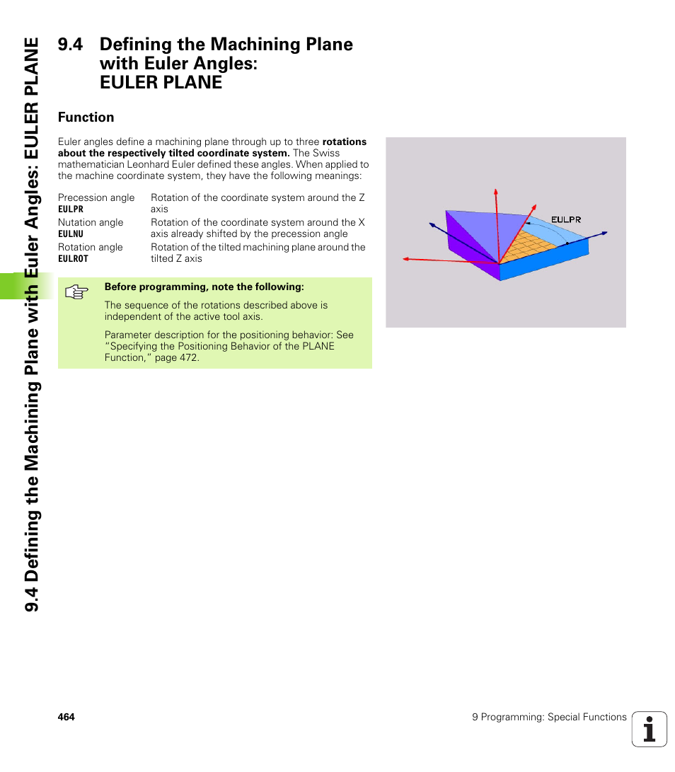Function, Euler, Three euler angles: precession (eulpr) | Nutation (eulnu) and | HEIDENHAIN iTNC 530 (340 422) User Manual | Page 464 / 657