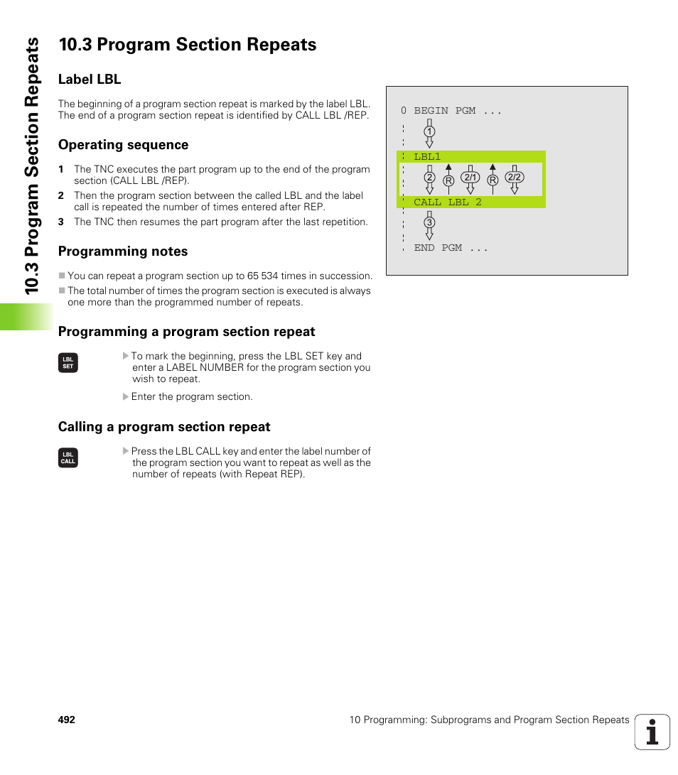 3 program section repeats, Label lbl, Operating sequence | Programming notes, Programming a program section repeat, Calling a program section repeat | HEIDENHAIN iTNC 530 (340 422) User Manual | Page 492 / 657