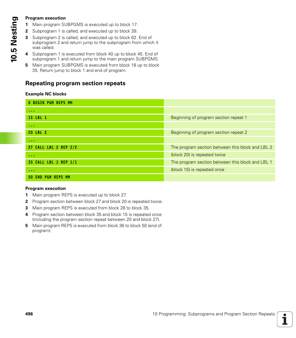 Repeating program section repeats, 10 .5 nesting | HEIDENHAIN iTNC 530 (340 422) User Manual | Page 496 / 657