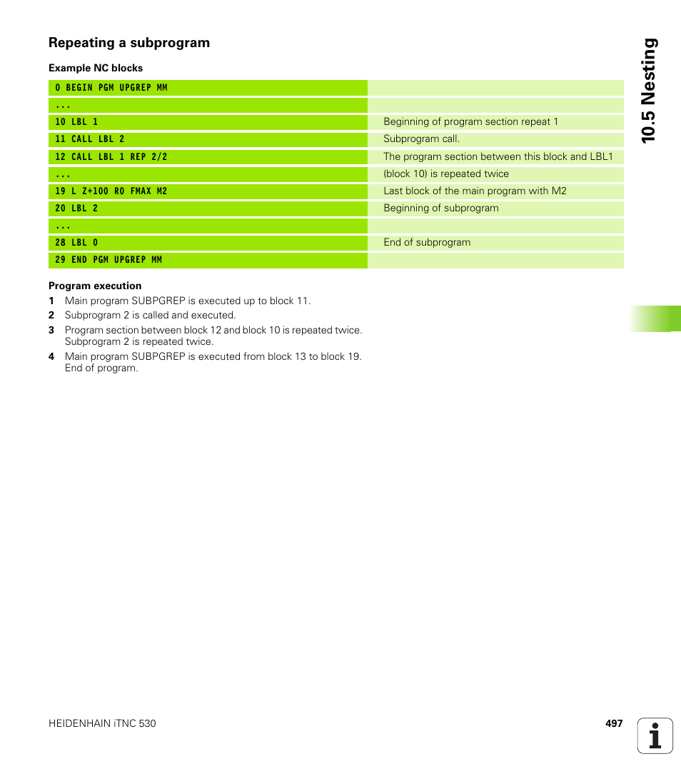 Repeating a subprogram, 10 .5 nesting | HEIDENHAIN iTNC 530 (340 422) User Manual | Page 497 / 657