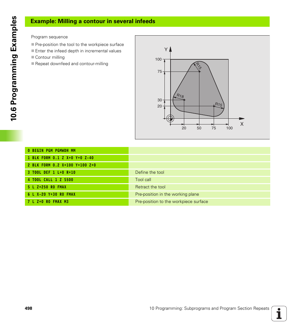 10 .6 pr ogr amming examples, Example: milling a contour in several infeeds | HEIDENHAIN iTNC 530 (340 422) User Manual | Page 498 / 657