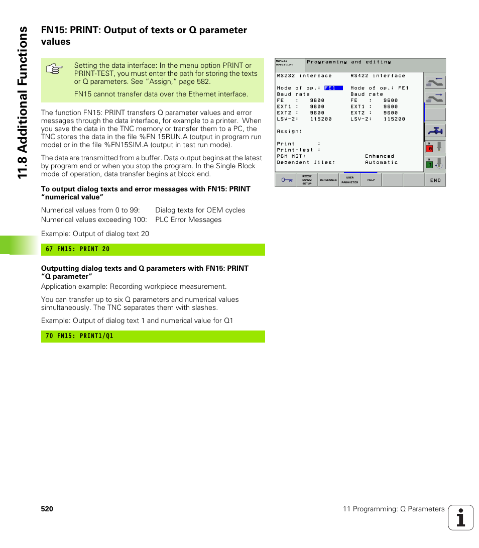 Fn15: print: output of texts or q parameter values, 8 a d ditional f unctions | HEIDENHAIN iTNC 530 (340 422) User Manual | Page 520 / 657