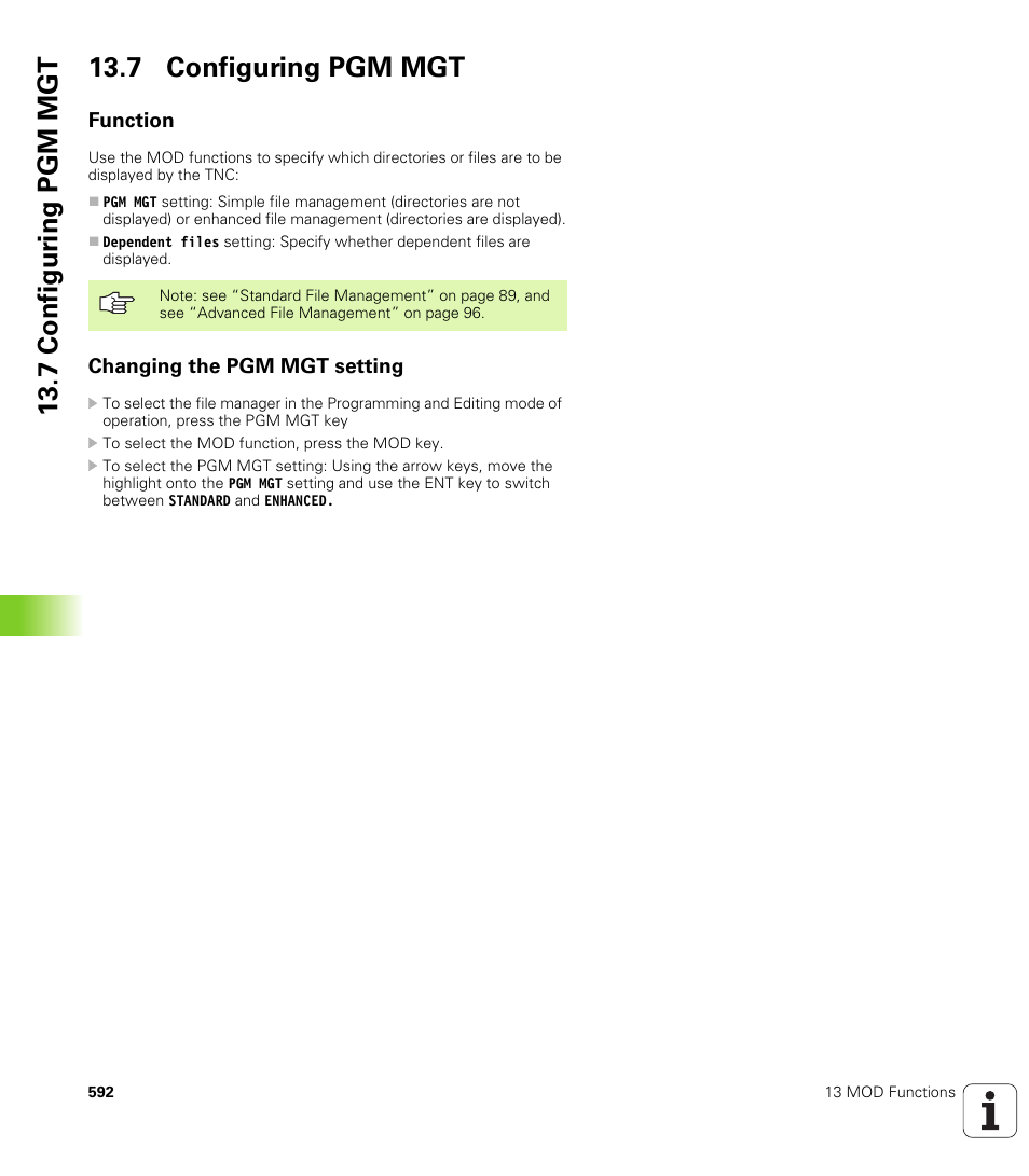 7 configuring pgm mgt, Function, Changing the pgm mgt setting | 7 configur ing pgm mgt 13.7 configuring pgm mgt | HEIDENHAIN iTNC 530 (340 422) User Manual | Page 592 / 657