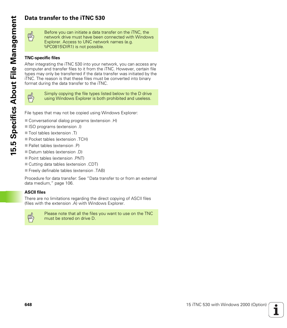 Data transfer to the itnc 530, 5 specifics about file manag e ment | HEIDENHAIN iTNC 530 (340 422) User Manual | Page 648 / 657