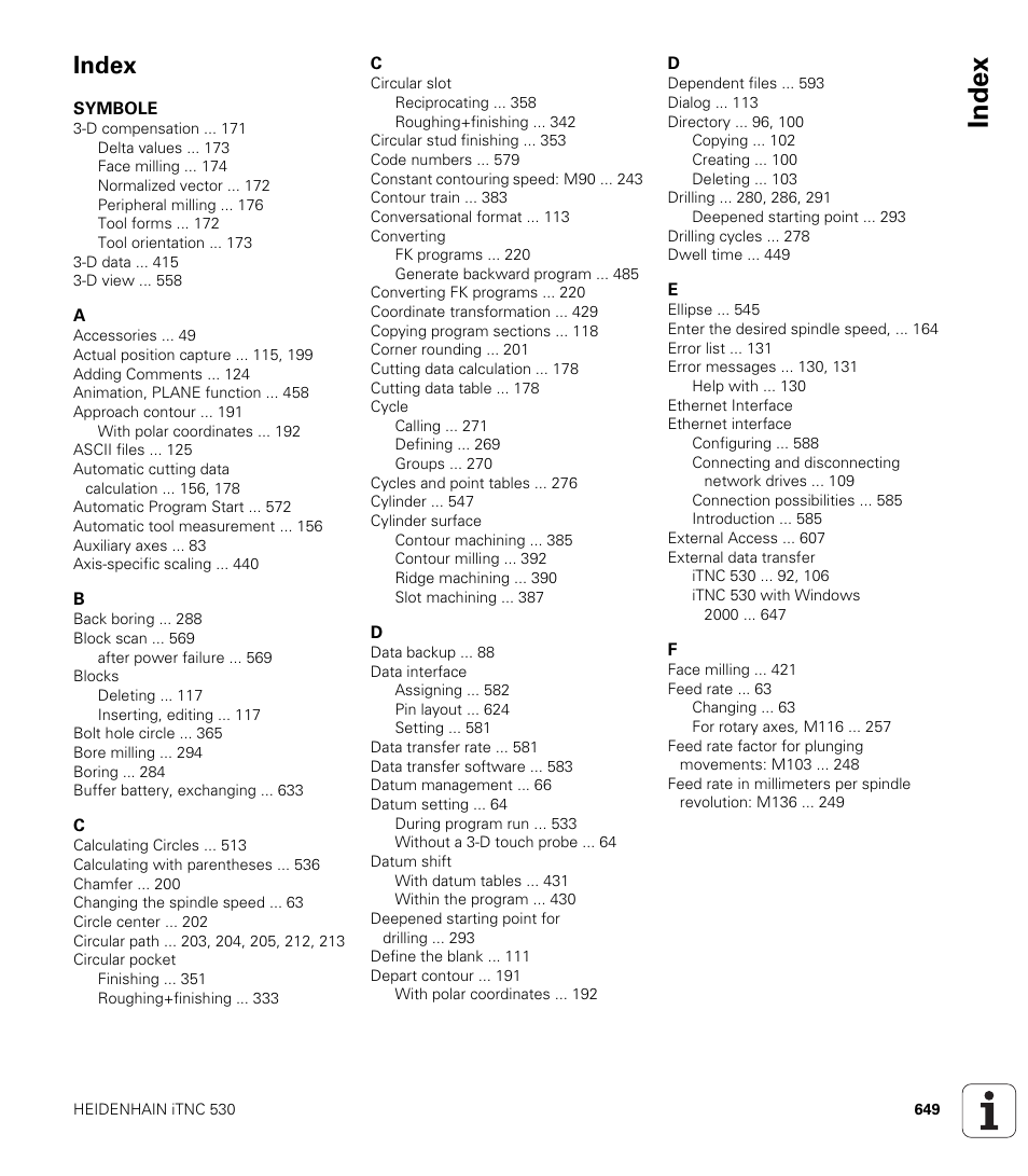 Index | HEIDENHAIN iTNC 530 (340 422) User Manual | Page 649 / 657