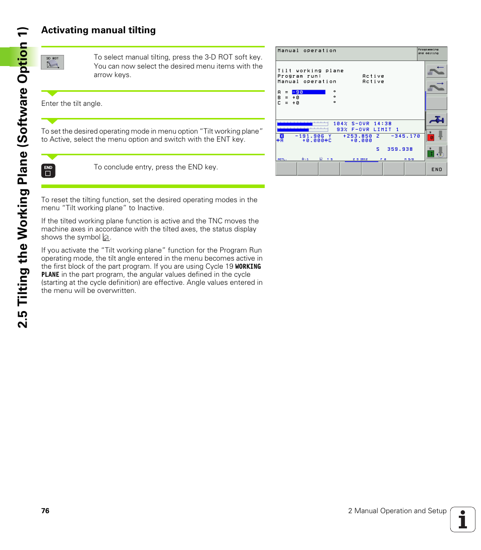 Activating manual tilting | HEIDENHAIN iTNC 530 (340 422) User Manual | Page 76 / 657