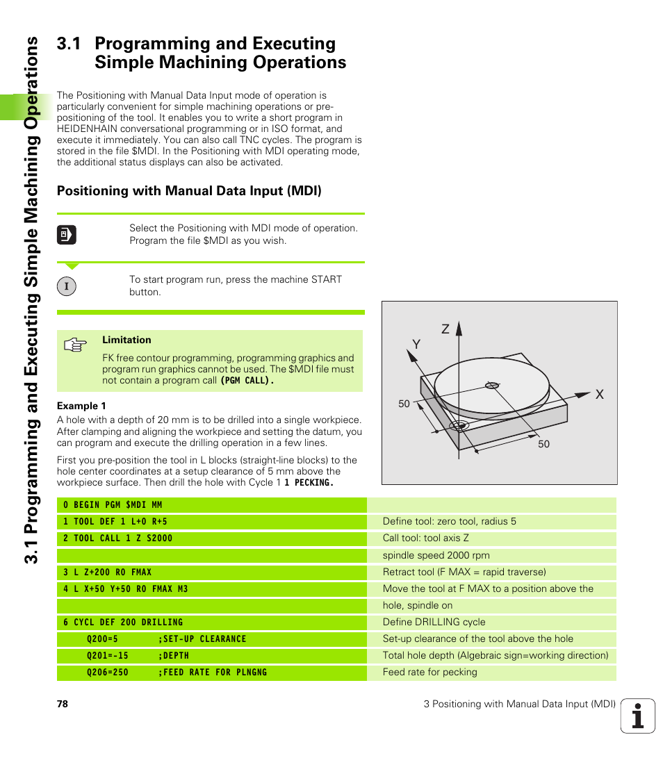Positioning with manual data input (mdi) | HEIDENHAIN iTNC 530 (340 422) User Manual | Page 78 / 657