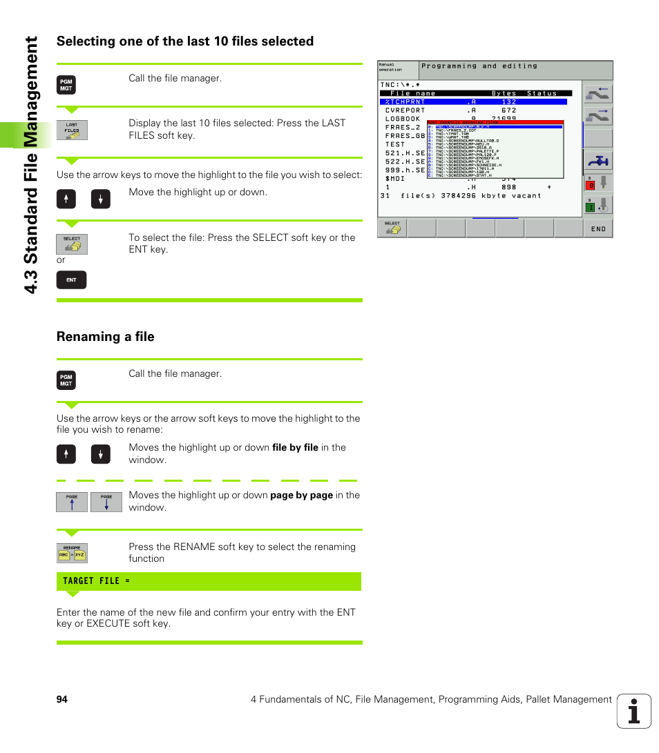 Selecting one of the last 10 files selected, Renaming a file, 3 standar d file manag e ment | HEIDENHAIN iTNC 530 (340 422) User Manual | Page 94 / 657