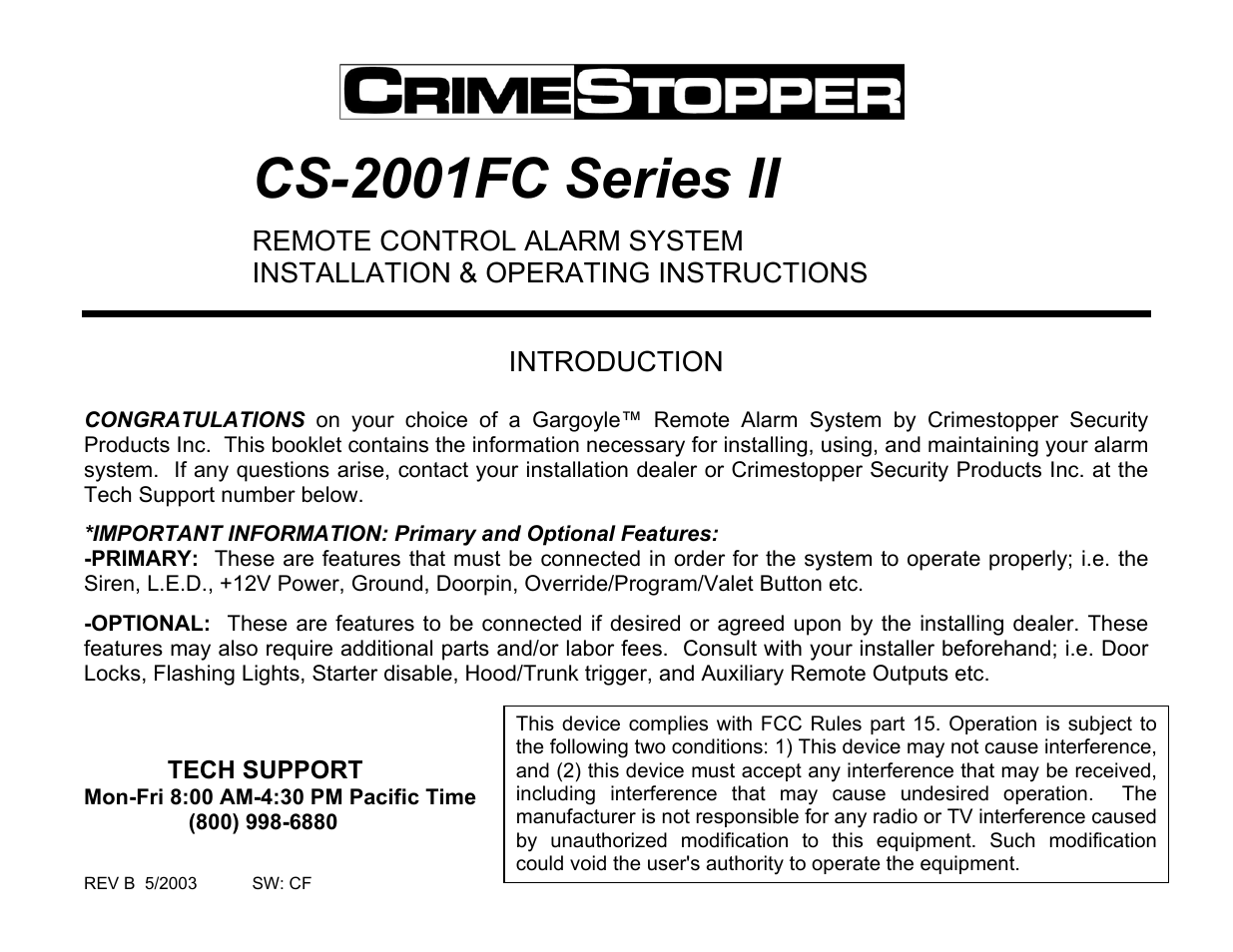 Crimestopper Security Products CS-2001FC User Manual | 20 pages