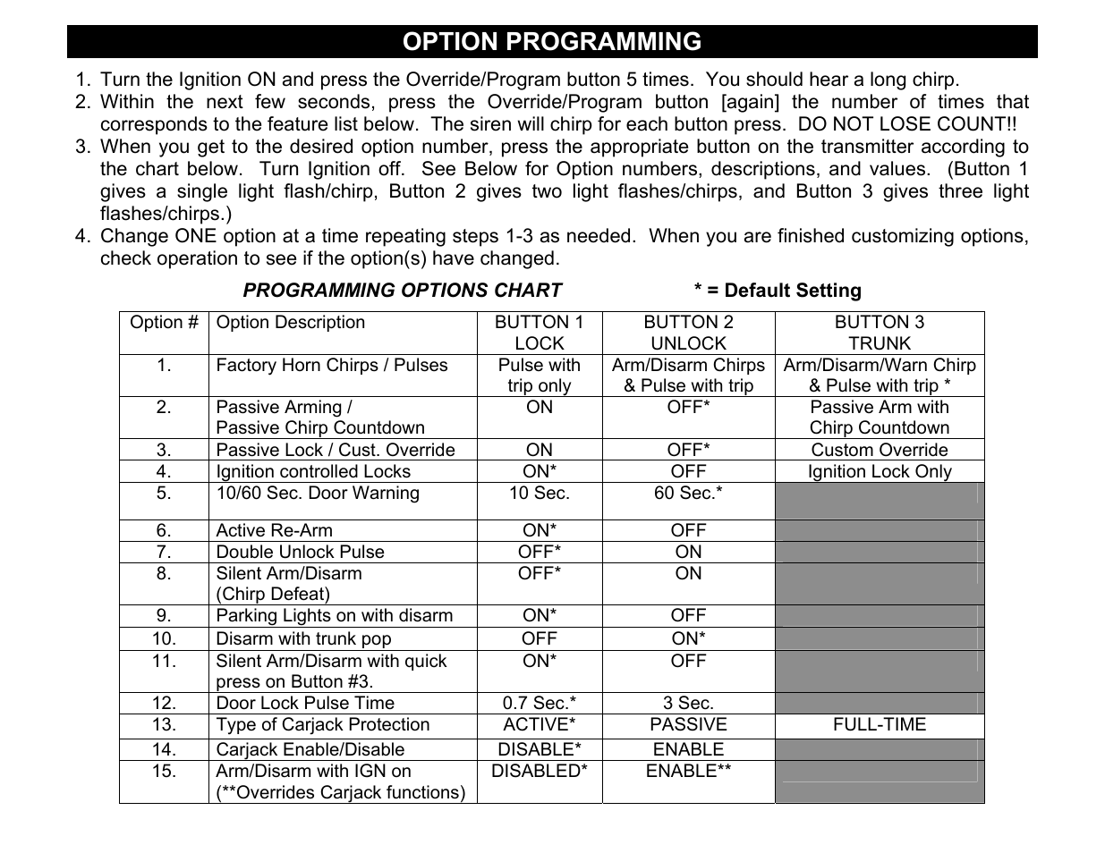 Option programming | Crimestopper Security Products CS-2001FC User Manual | Page 10 / 20