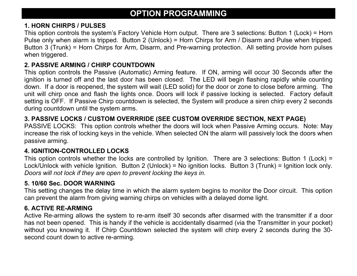 Ignition-controlled locks, Option programming | Crimestopper Security Products CS-2001FC User Manual | Page 11 / 20