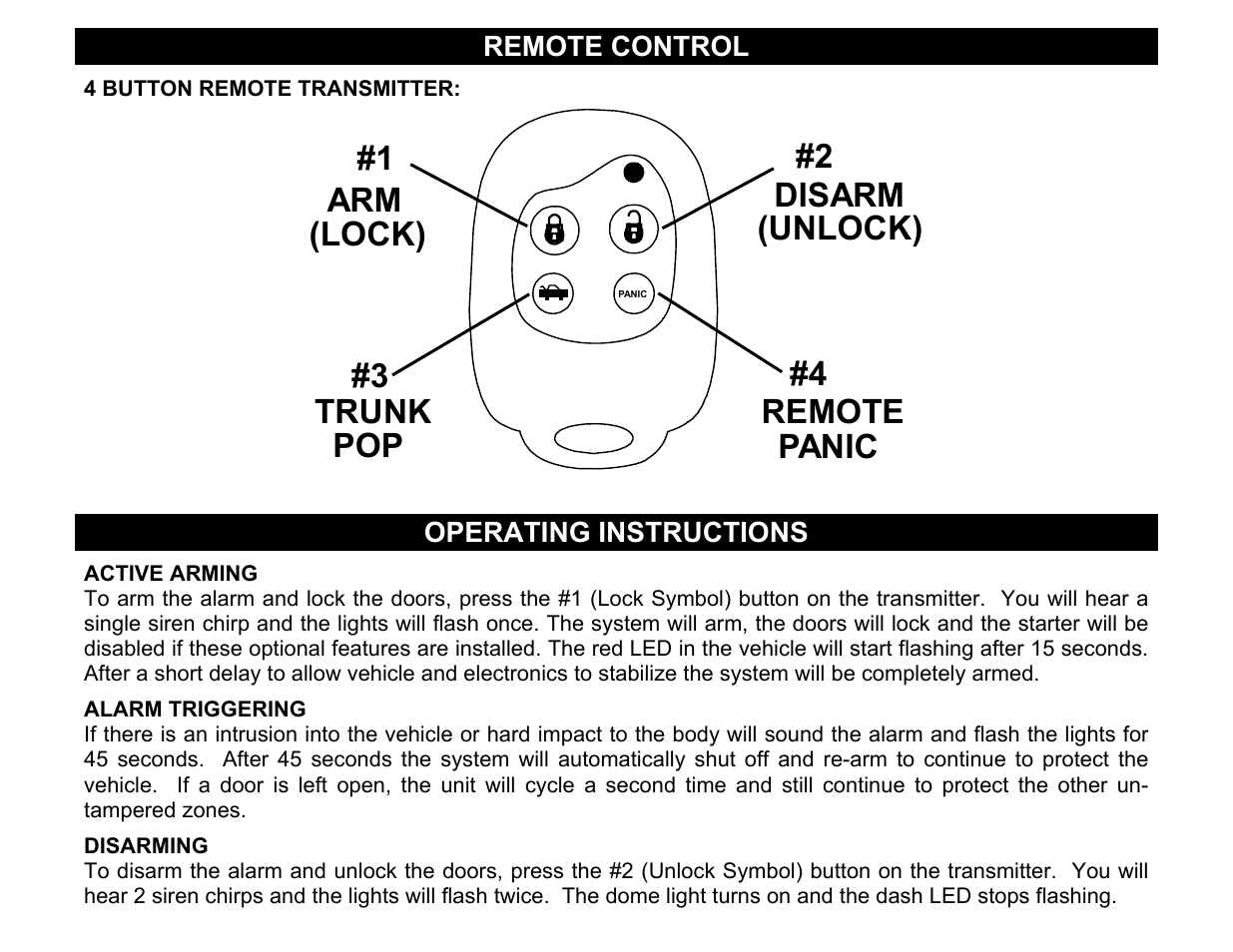 Active arming, Disarming, Arm trunk panic disarm (lock) (unlock) remote pop | Crimestopper Security Products CS-2001FC User Manual | Page 14 / 20