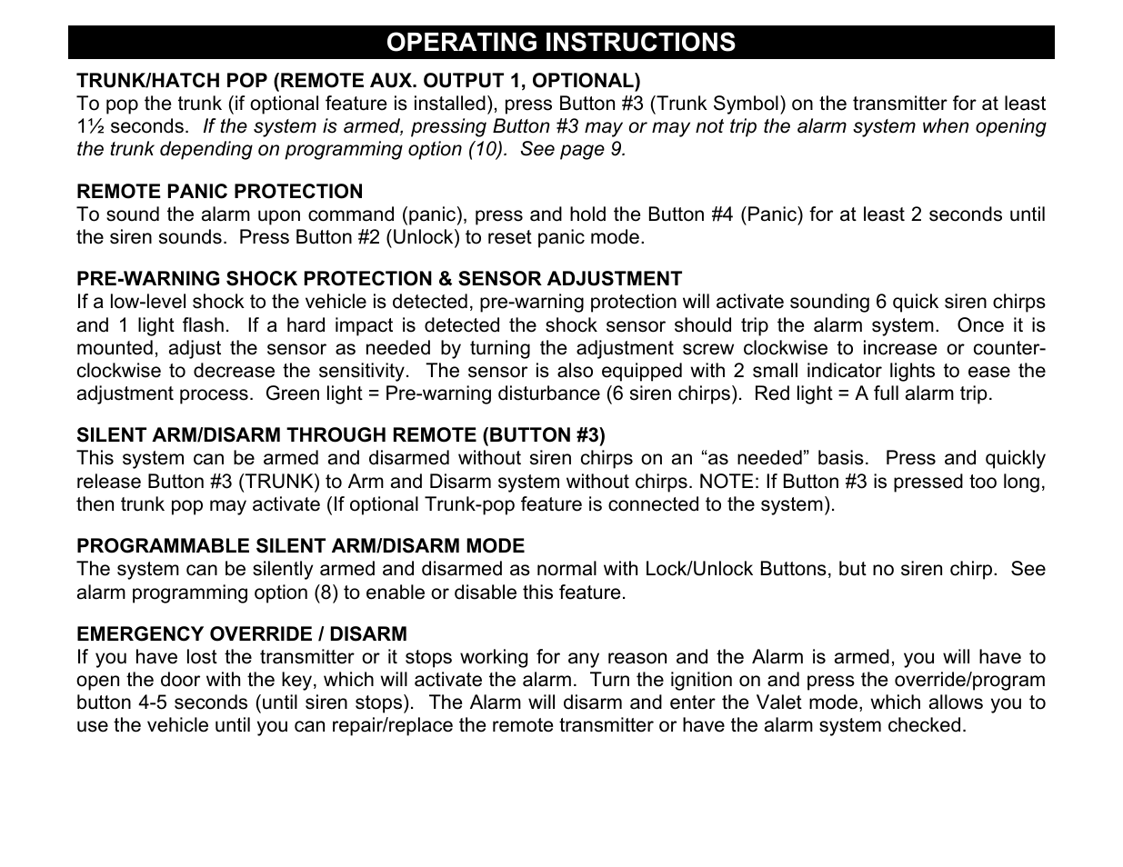 Remote panic protection, Silent arm/disarm through remote (button #3), Programmable silent arm/disarm mode | Operating instructions | Crimestopper Security Products CS-2001FC User Manual | Page 15 / 20