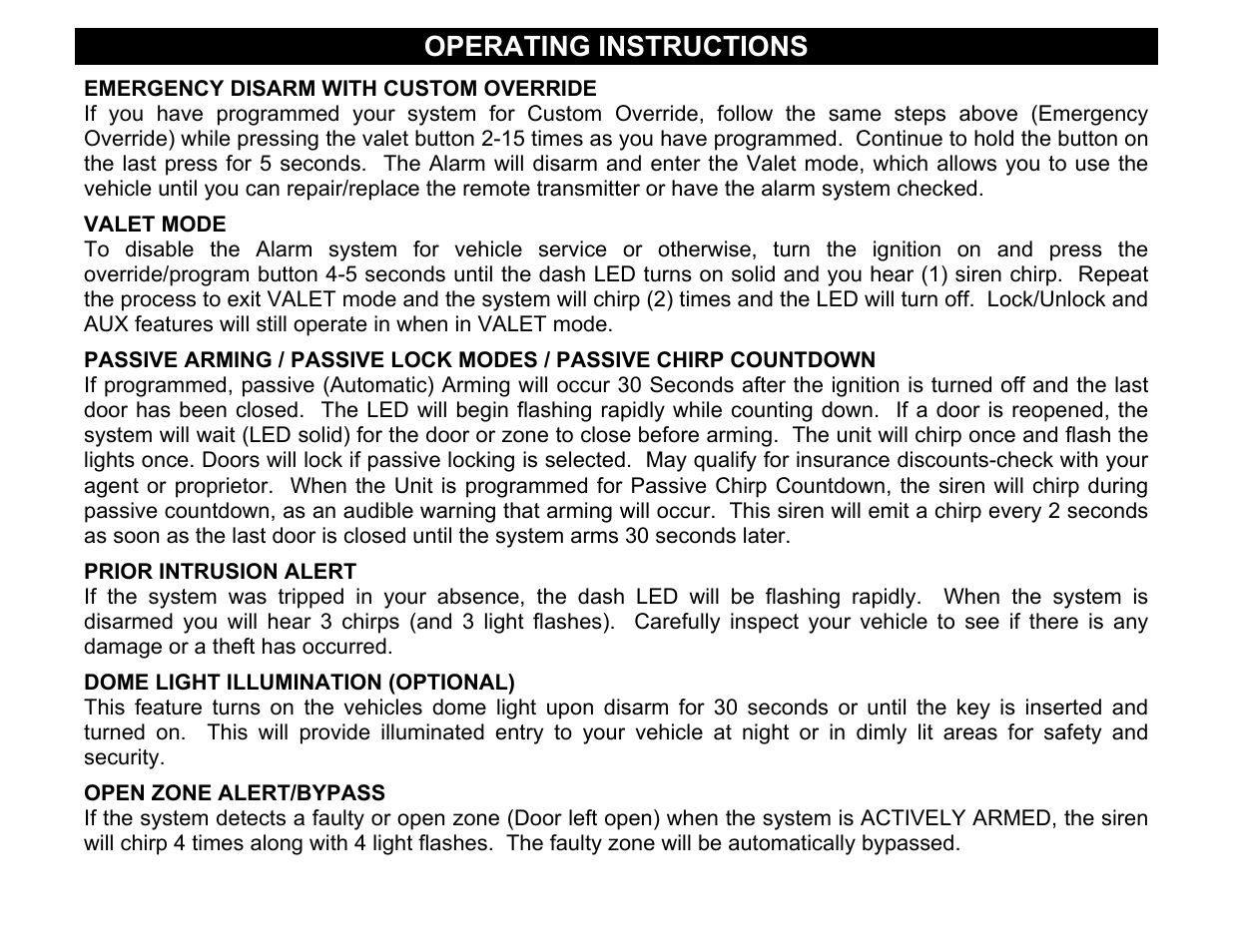 Prior intrusion alert, Dome light illumination (optional), Open zone alert/bypass | Operating instructions | Crimestopper Security Products CS-2001FC User Manual | Page 16 / 20