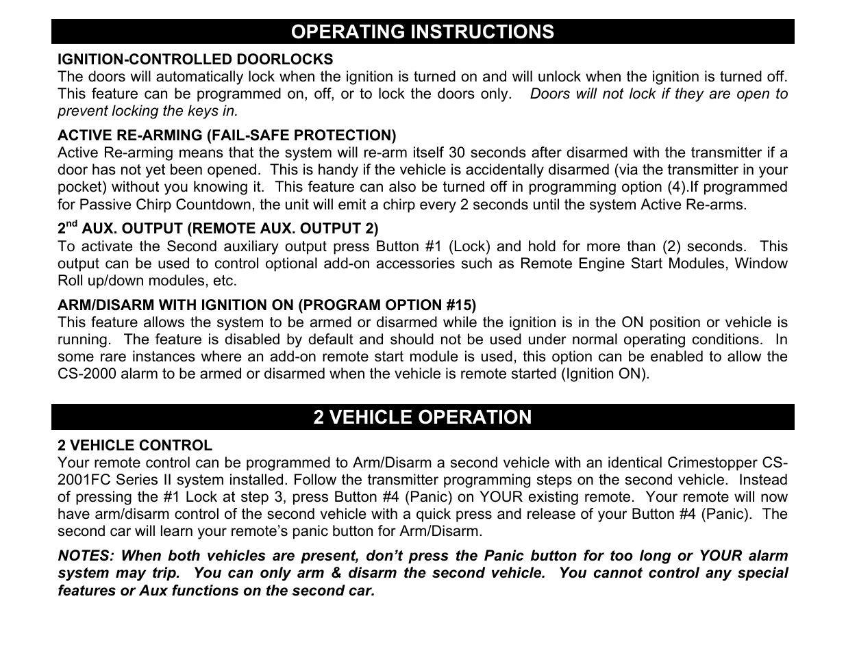 Ignition-controlled doorlocks, Active re-arming (fail-safe protection), 2nd aux. output (remote aux. output 2) | Arm/disarm with ignition on (program option #15), 2 vehicle control, Operating instructions, 2 vehicle operation | Crimestopper Security Products CS-2001FC User Manual | Page 17 / 20