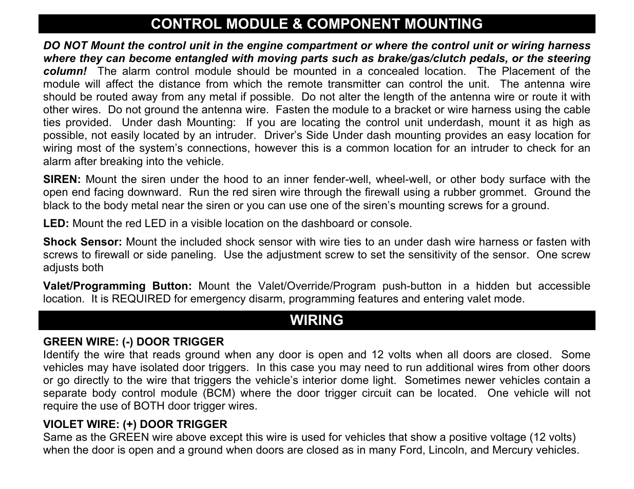 Green wire: (-) door trigger, Violet wire: (+) door trigger, Control module & component mounting | Wiring | Crimestopper Security Products CS-2001FC User Manual | Page 3 / 20