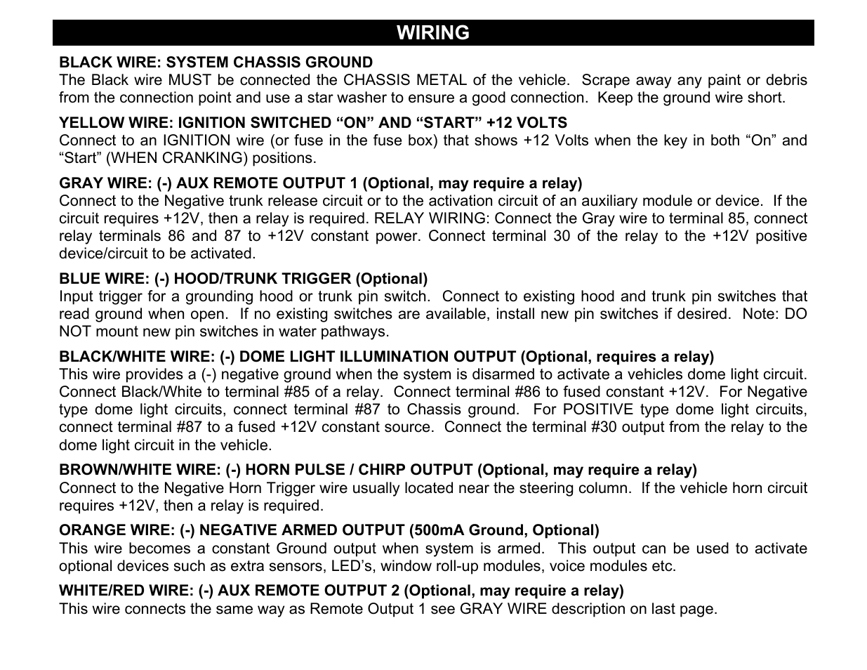 Black wire: system chassis ground, Blue wire: (-) hood/trunk trigger (optional), Wiring | Crimestopper Security Products CS-2001FC User Manual | Page 4 / 20
