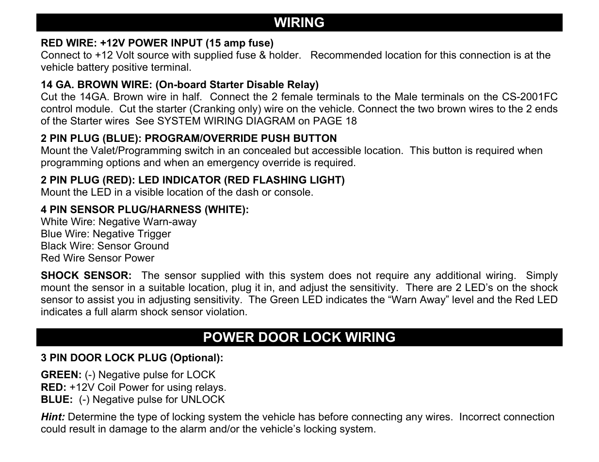 2 pin plug (blue): program/override push button, Wiring, Power door lock wiring | 3 pin door lock plug (optional) | Crimestopper Security Products CS-2001FC User Manual | Page 6 / 20