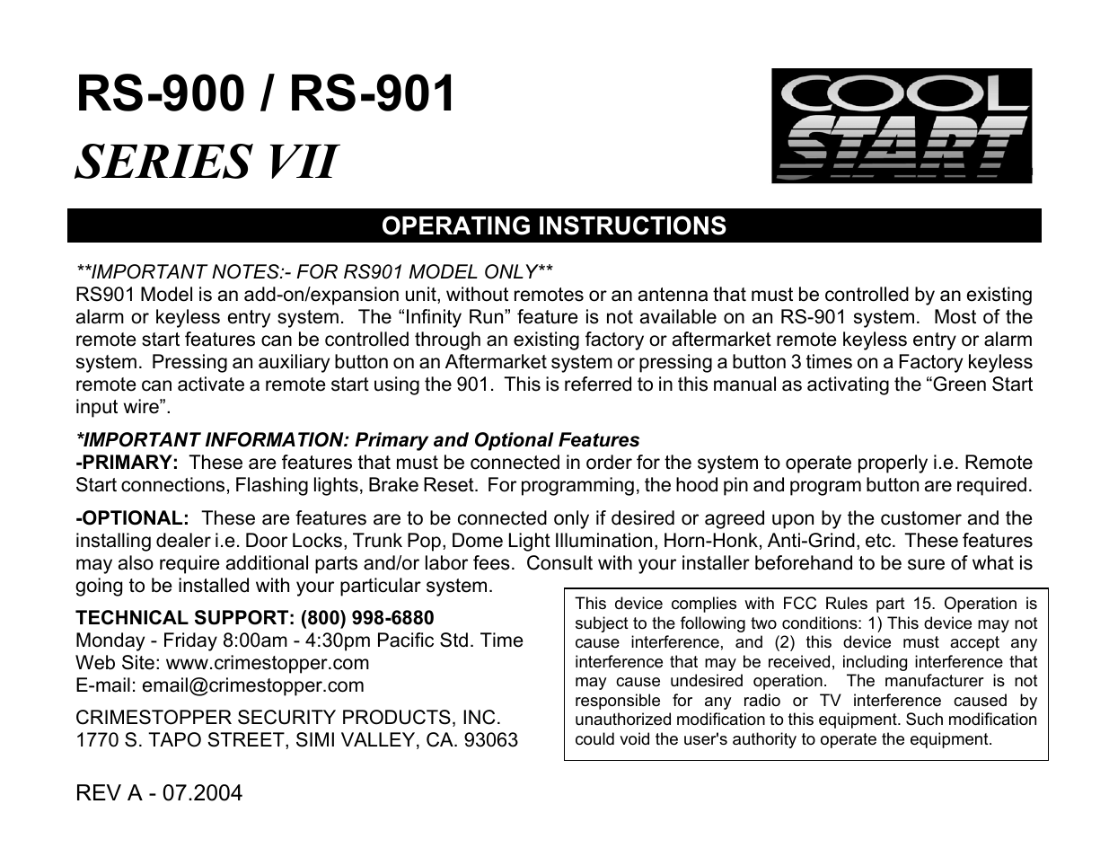 Crimestopper Security Products COOL START RS-900 User Manual | 12 pages