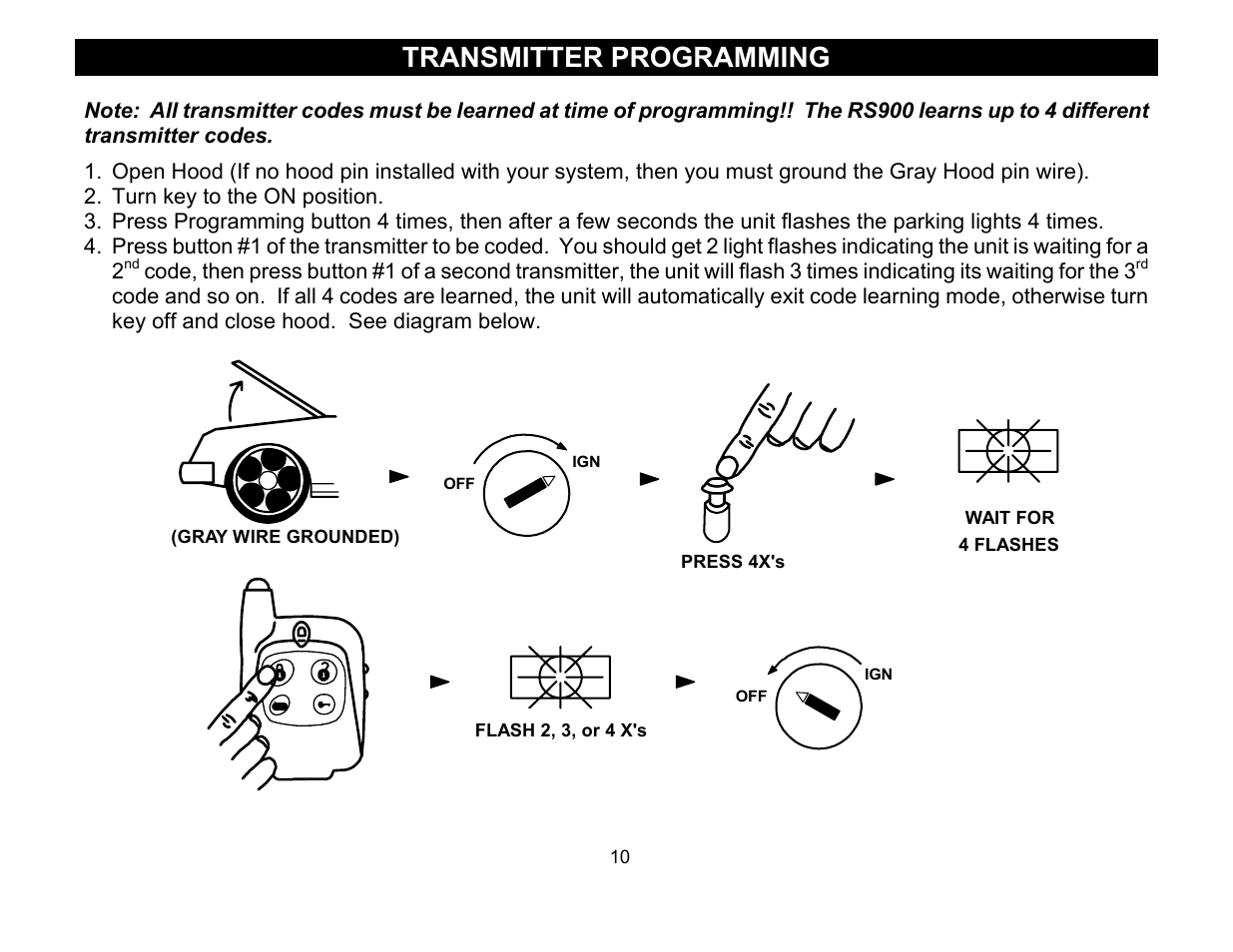 Transmitter programming | Crimestopper Security Products COOL START RS-900 User Manual | Page 10 / 12