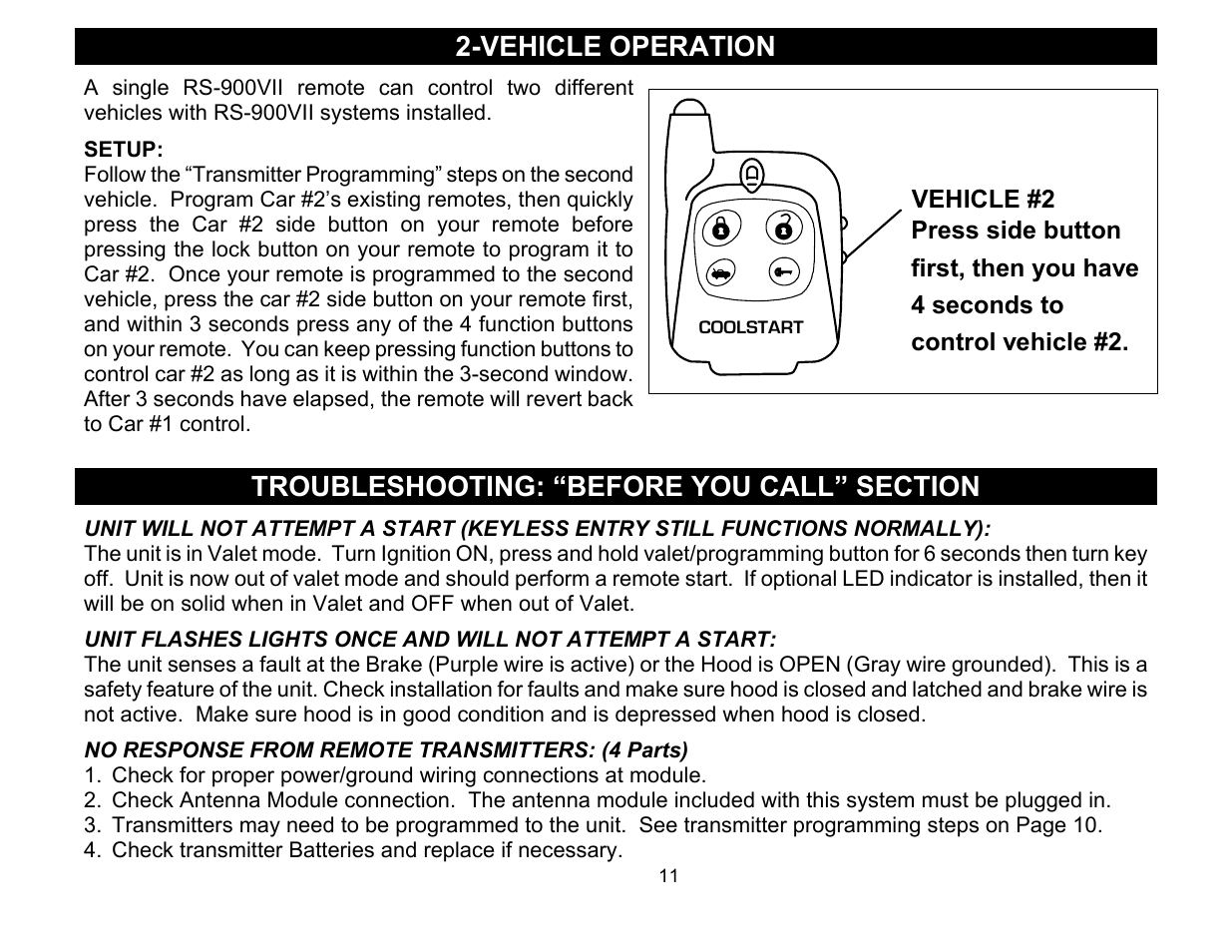 Vehicle operation, Troubleshooting: “before you call” section | Crimestopper Security Products COOL START RS-900 User Manual | Page 11 / 12