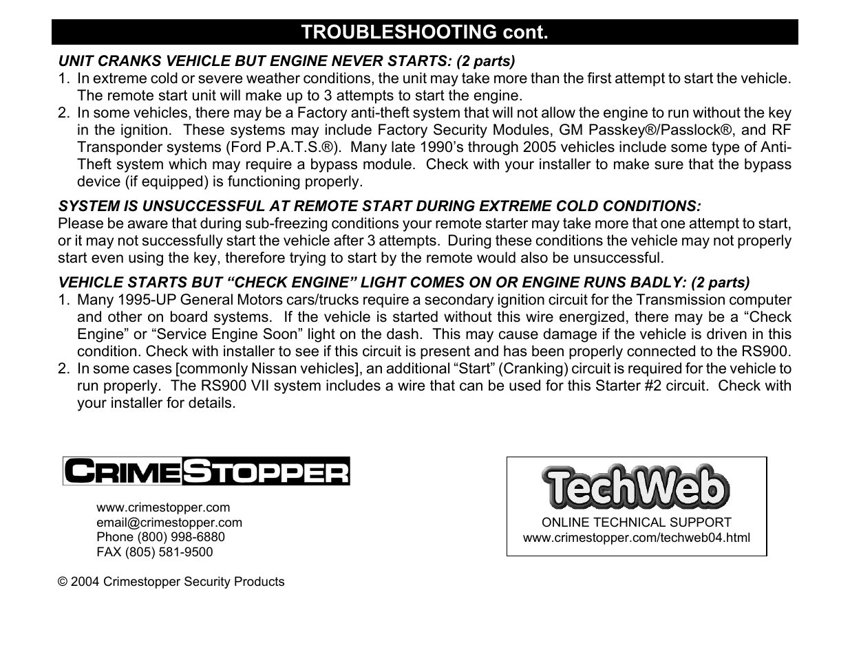 Troubleshooting cont, Vehicle starts but “check engine” light comes on | Crimestopper Security Products COOL START RS-900 User Manual | Page 12 / 12