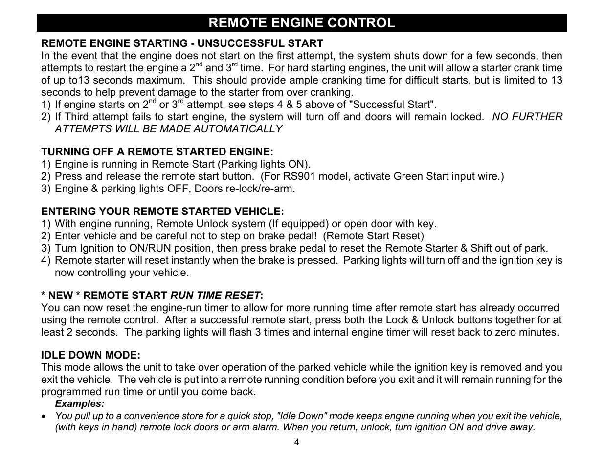 Remote engine control, Remote engine starting - unsuccessful start, Turning off a remote started engine | New * remote start run time reset, Idle down mode | Crimestopper Security Products COOL START RS-900 User Manual | Page 4 / 12