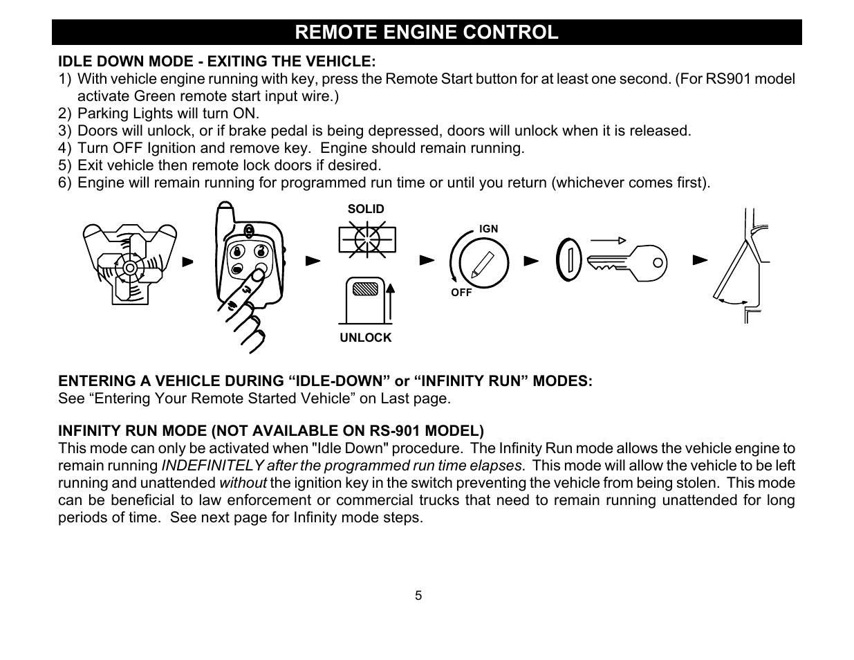 Remote engine control, Idle down mode - exiting the vehicle, Infinity run mode (not available on rs-901 model) | Crimestopper Security Products COOL START RS-900 User Manual | Page 5 / 12