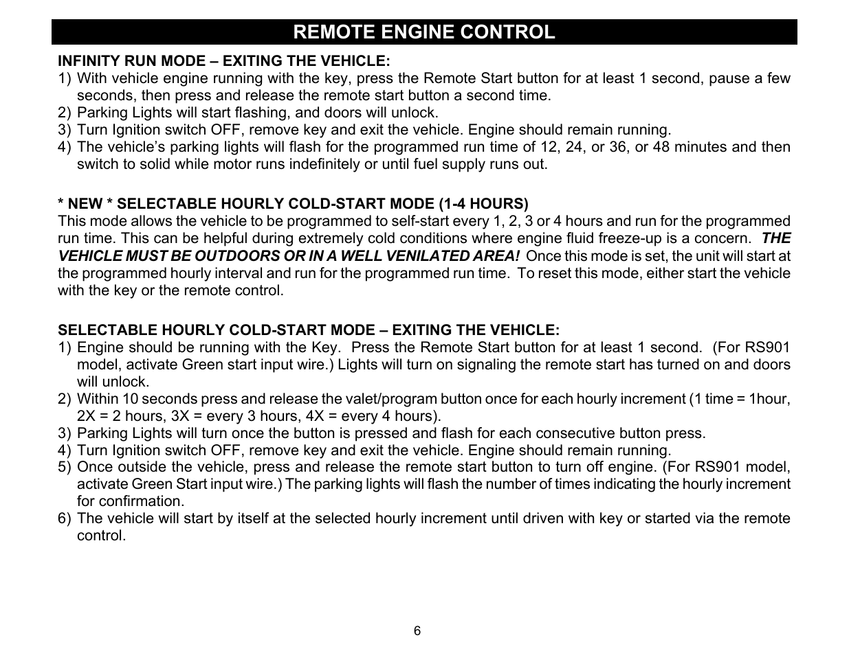Remote engine control, Infinity run mode – exiting the vehicle, Selectable hourly cold-start mode – exiting the v | Crimestopper Security Products COOL START RS-900 User Manual | Page 6 / 12