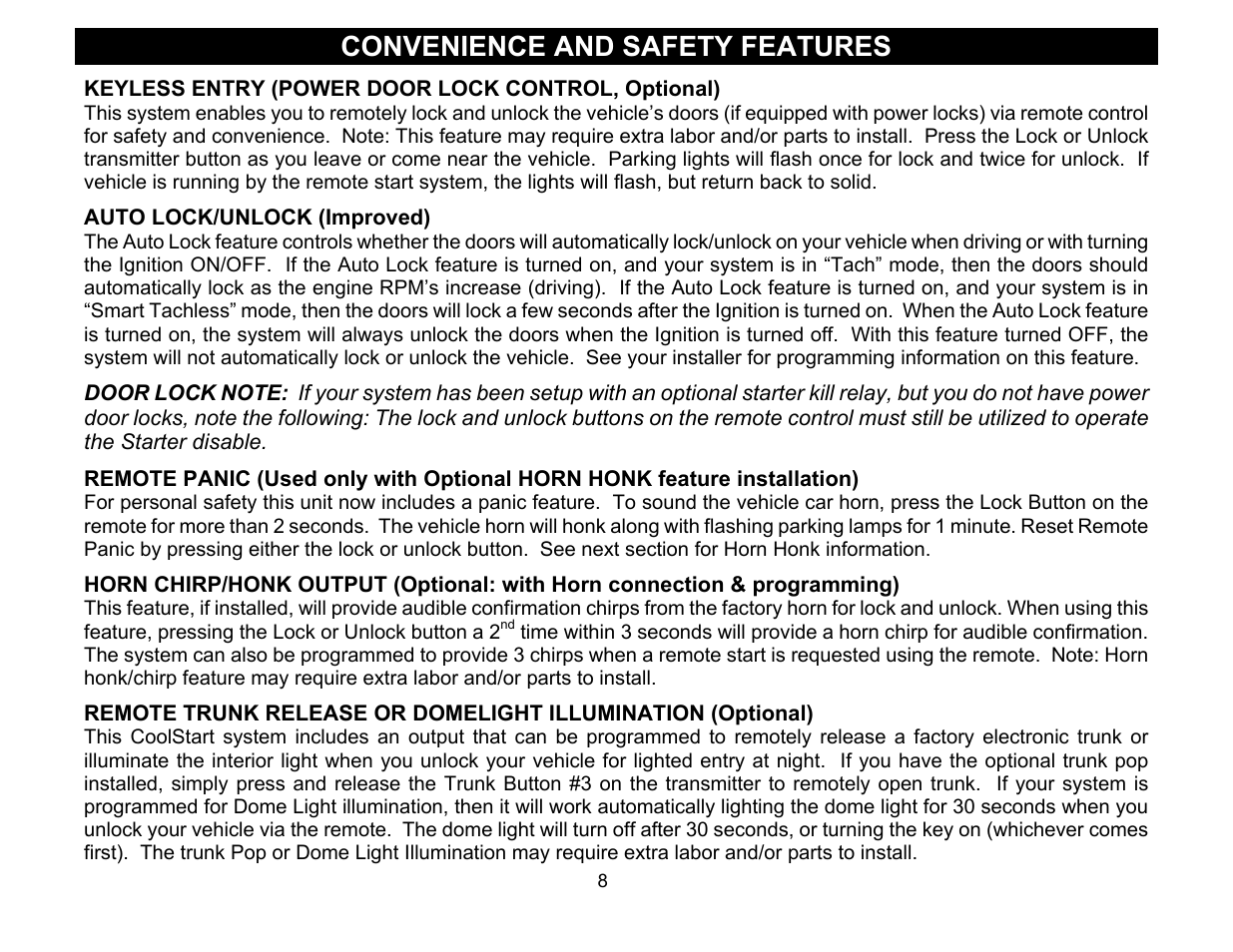 Convenience and safety features, Keyless entry (power door lock control, optional) | Crimestopper Security Products COOL START RS-900 User Manual | Page 8 / 12