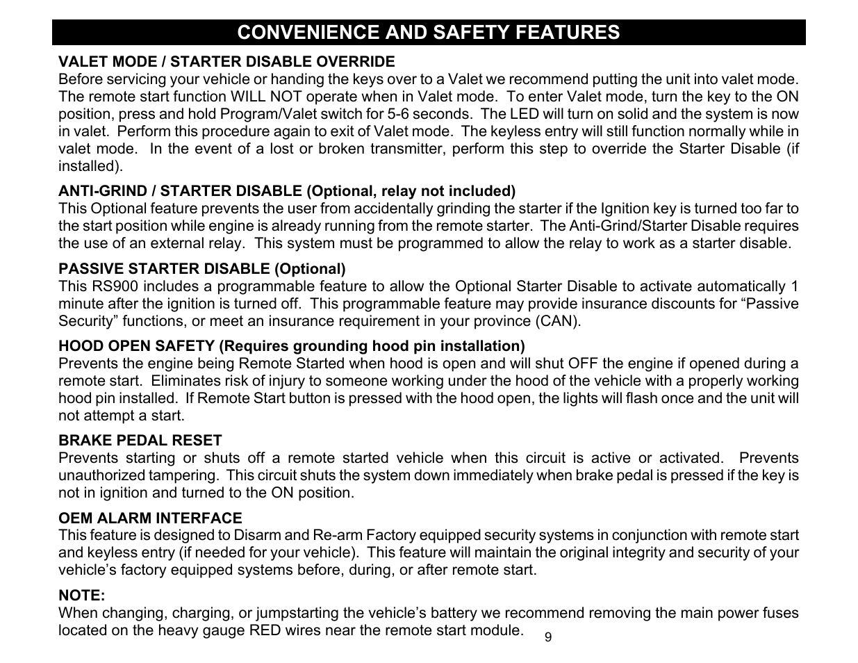 Convenience and safety features, Valet mode / starter disable override, Brake pedal reset | Oem alarm interface | Crimestopper Security Products COOL START RS-900 User Manual | Page 9 / 12