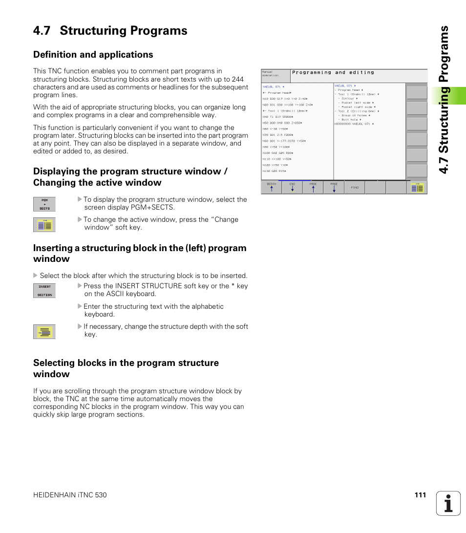 7 structuring programs, Definition and applications, Selecting blocks in the program structure window | HEIDENHAIN iTNC 530 (340 422) ISO programming User Manual | Page 111 / 559