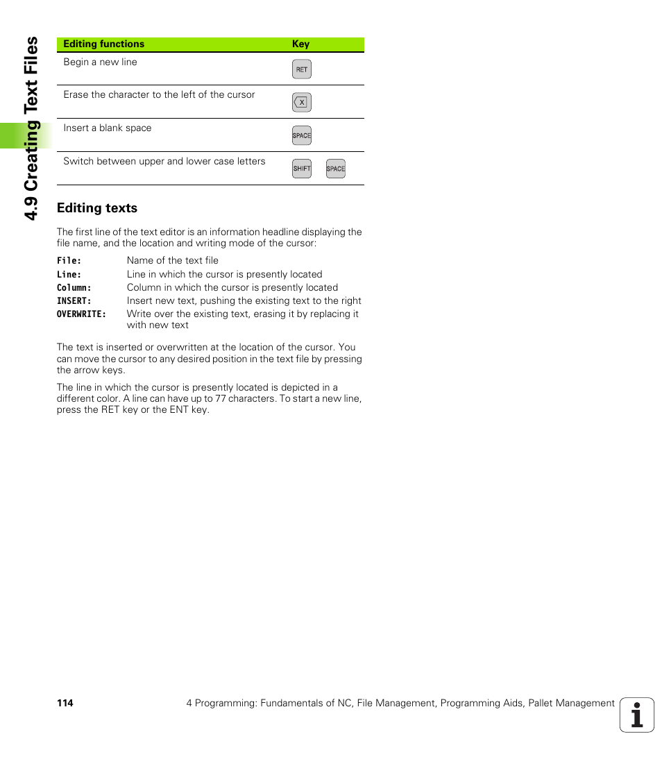 Editing texts, 9 cr eating t ext file s | HEIDENHAIN iTNC 530 (340 422) ISO programming User Manual | Page 114 / 559