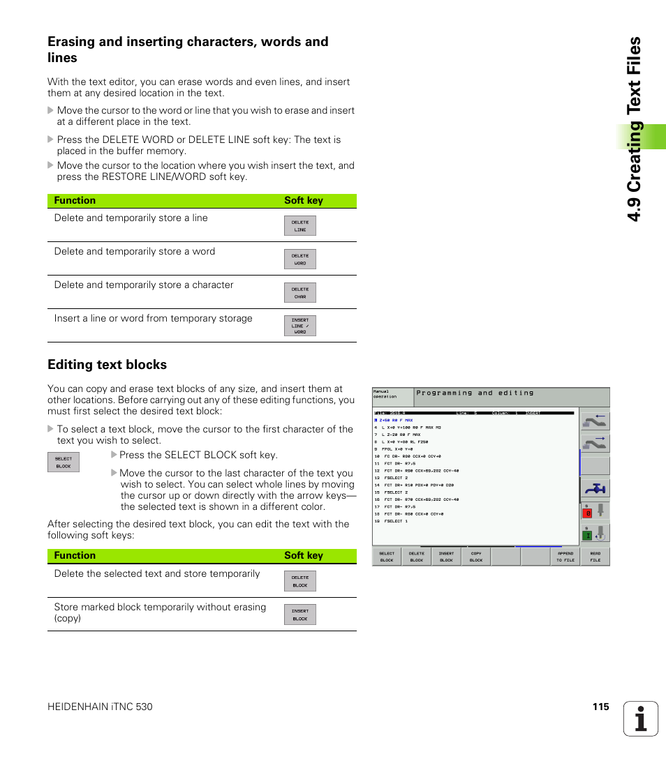 Erasing and inserting characters, words and lines, Editing text blocks, 9 cr eating t ext file s | HEIDENHAIN iTNC 530 (340 422) ISO programming User Manual | Page 115 / 559