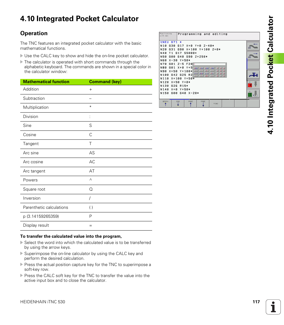 10 integrated pocket calculator, Operation | HEIDENHAIN iTNC 530 (340 422) ISO programming User Manual | Page 117 / 559