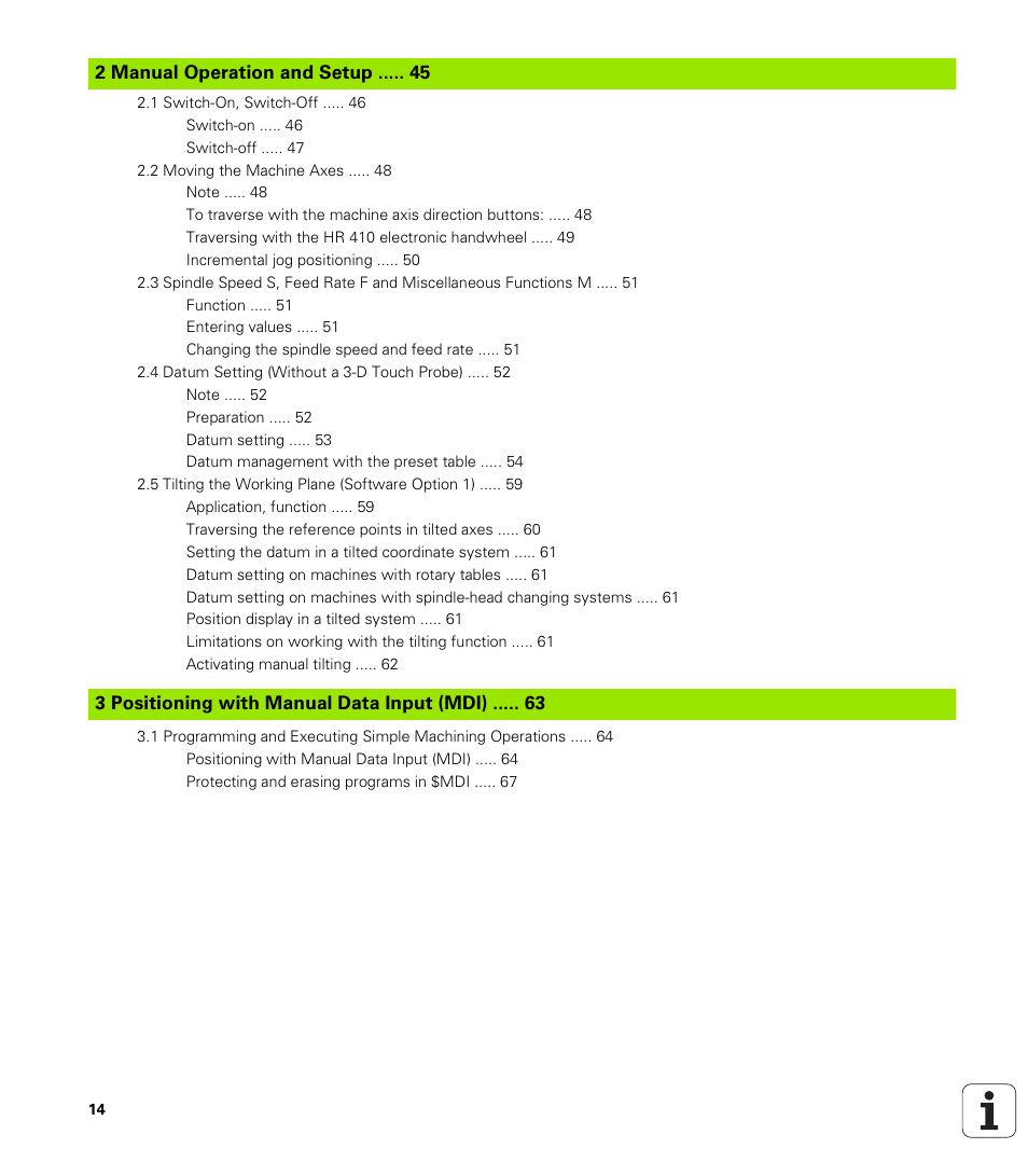 Manual operation and setup, Positioning with manual data input (mdi) | HEIDENHAIN iTNC 530 (340 422) ISO programming User Manual | Page 14 / 559