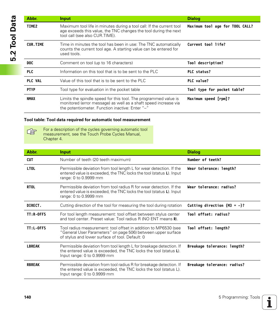 2 t o ol d a ta | HEIDENHAIN iTNC 530 (340 422) ISO programming User Manual | Page 140 / 559
