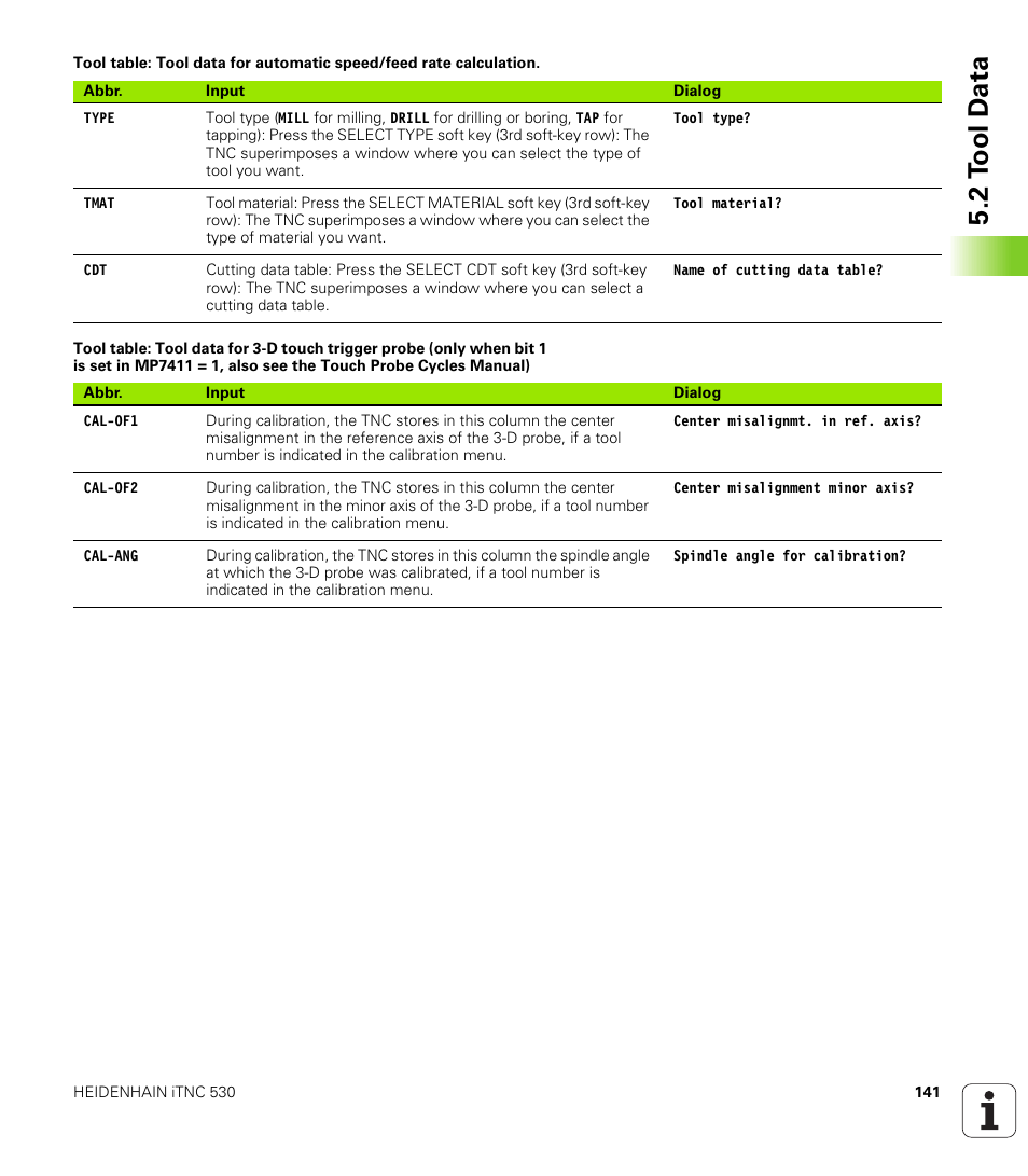 2 t o ol d a ta | HEIDENHAIN iTNC 530 (340 422) ISO programming User Manual | Page 141 / 559