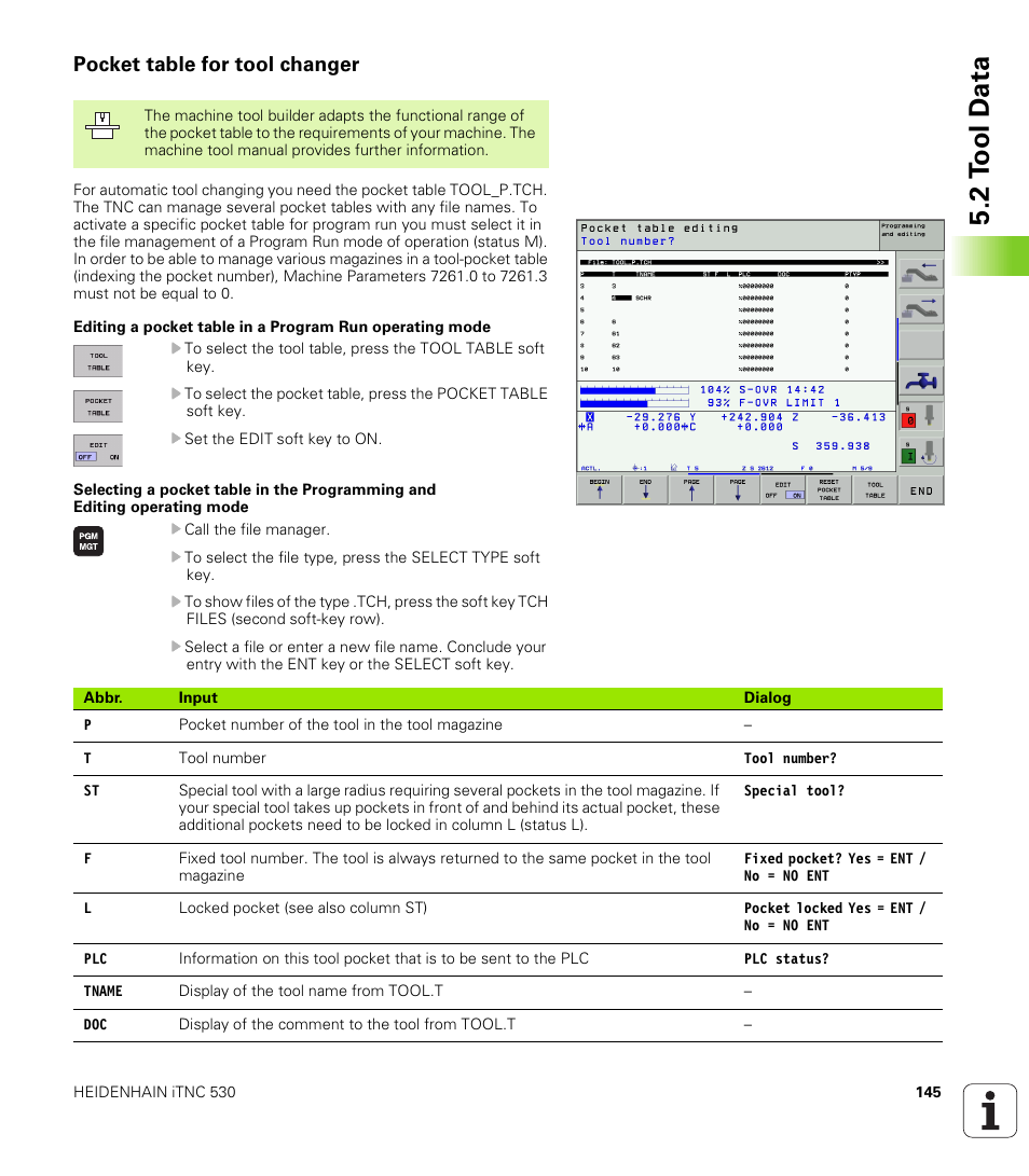 Pocket table for tool changer, 2 t o ol d a ta | HEIDENHAIN iTNC 530 (340 422) ISO programming User Manual | Page 145 / 559