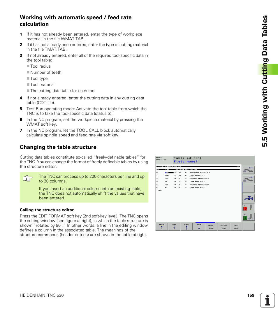 Changing the table structure, 5 w o rk in g wi th cut ting d a ta t a ble s | HEIDENHAIN iTNC 530 (340 422) ISO programming User Manual | Page 159 / 559
