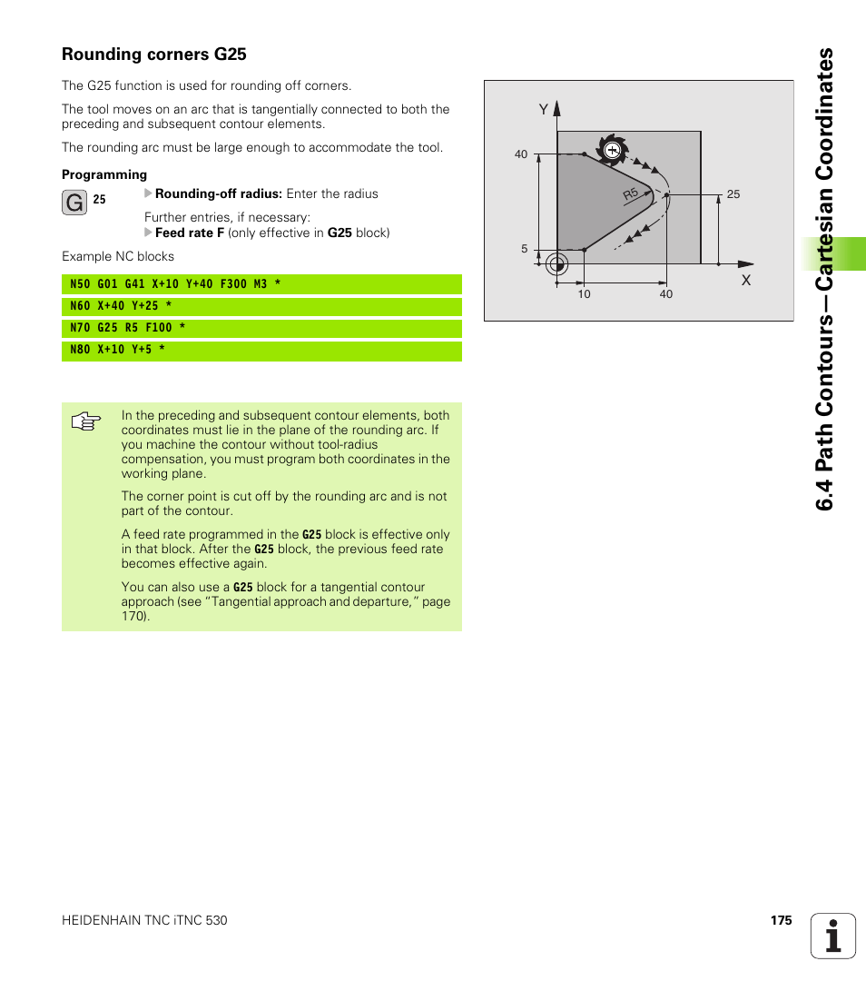 Rounding corners g25, Rounding-off radius r | HEIDENHAIN iTNC 530 (340 422) ISO programming User Manual | Page 175 / 559
