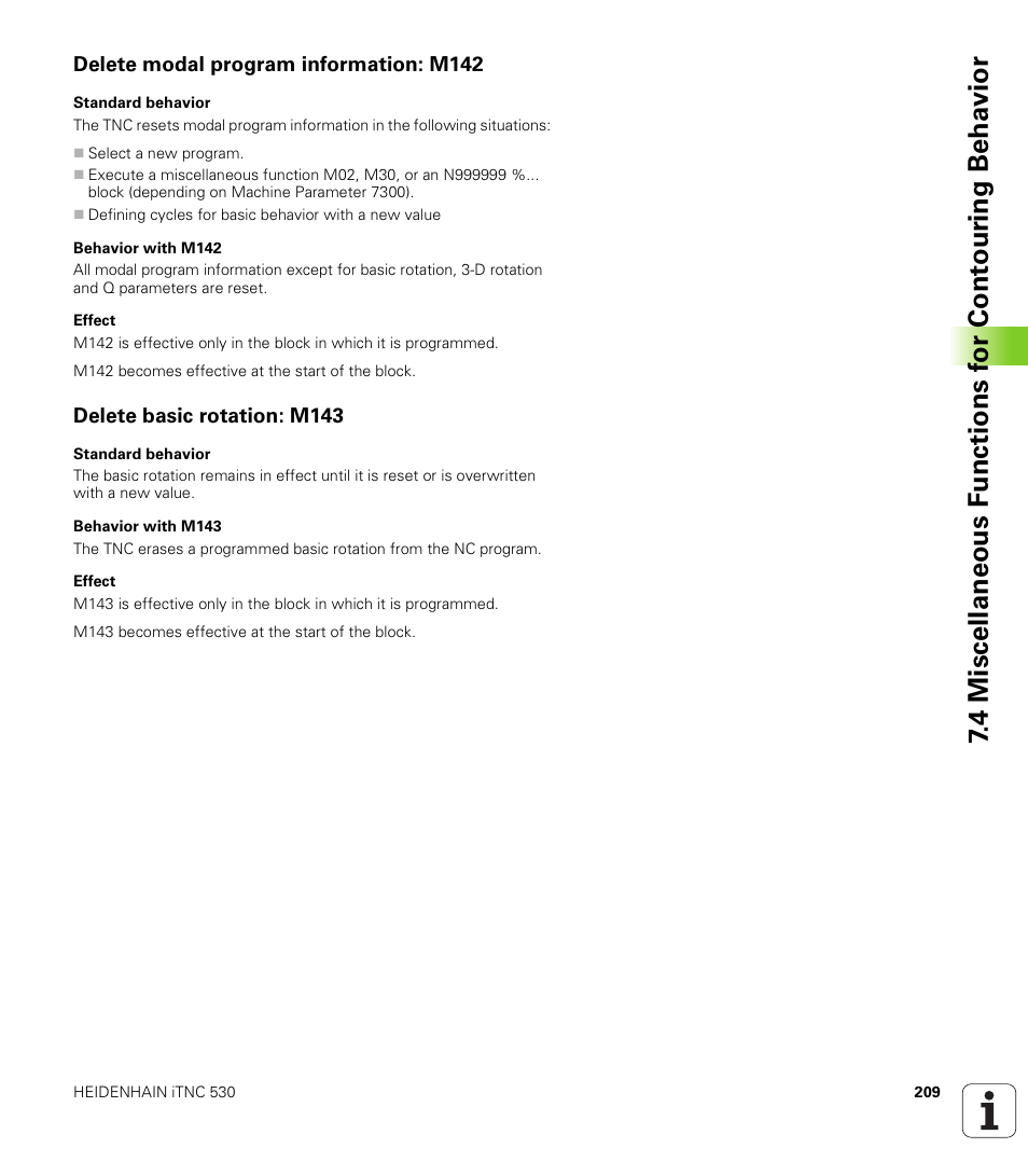 Delete modal program information: m142, Delete basic rotation: m143 | HEIDENHAIN iTNC 530 (340 422) ISO programming User Manual | Page 209 / 559